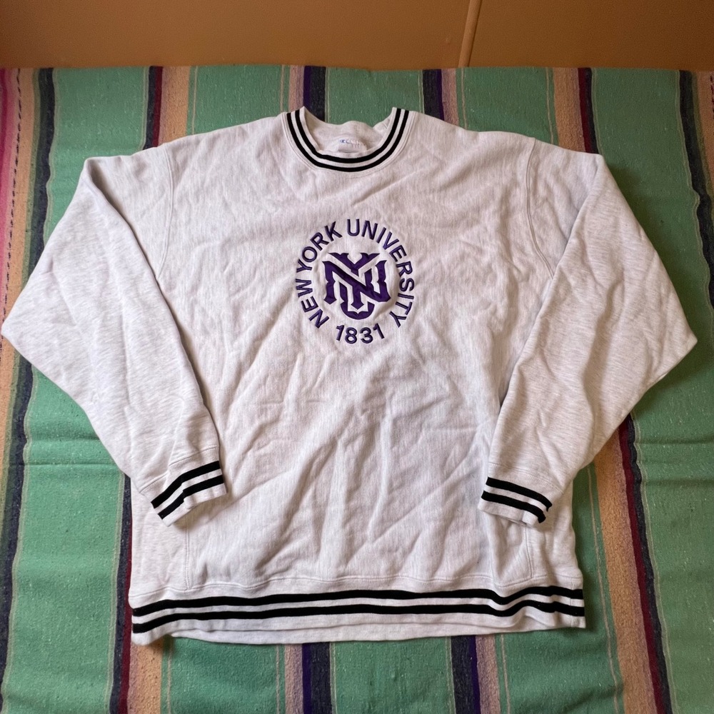Champion Reverse Weave NYU Sweatshirt Mens XL Gray Striped University Pullover